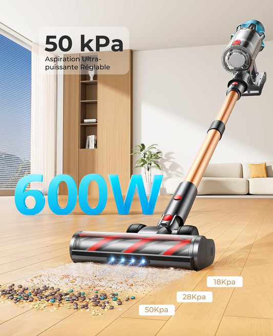 Fieety Cordless Vacuum Cleaner, 50kPa/600W/65Min Powerful Cordless Vacuum Cleaner with 1m Expandable Hose, Sofa Brush, Wall Charging, Touch Screen for Pet Hair Carpets, Hard Floors and Car