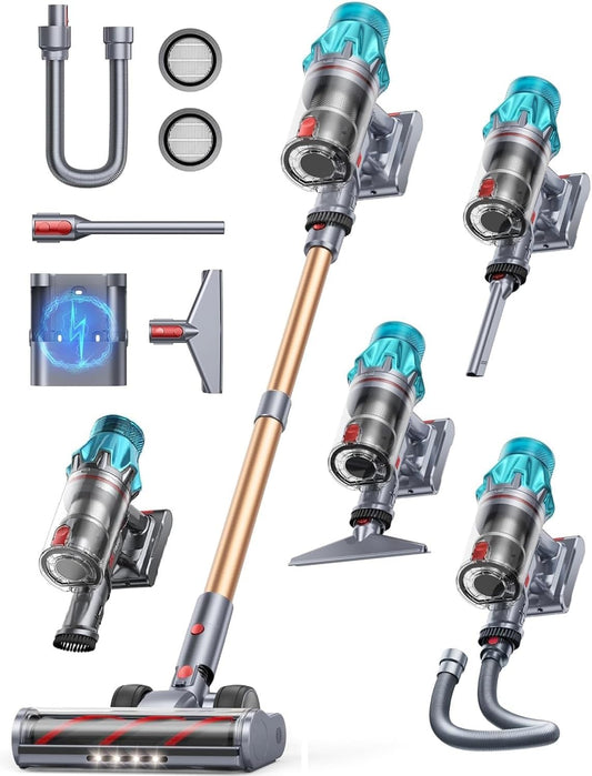 Fieety Cordless Vacuum Cleaner, 50kPa/600W/65Min Powerful Cordless Vacuum Cleaner with 1m Expandable Hose, Sofa Brush, Wall Charging, Touch Screen for Pet Hair Carpets, Hard Floors and Car